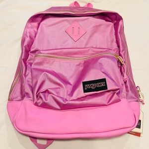 NWT Pink Metallic Jansport Backpack with Faux Leather Bottom